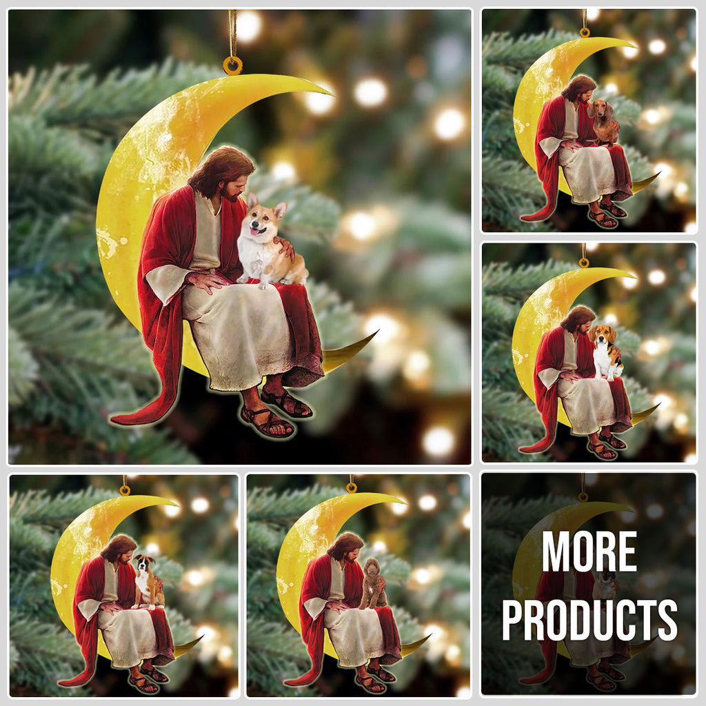 Dog And Jesus Sitting On The Moon Hanging Ornament