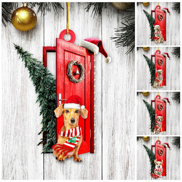 Dog Sits By The Red Door Decorated With Christmas Tree Ornament