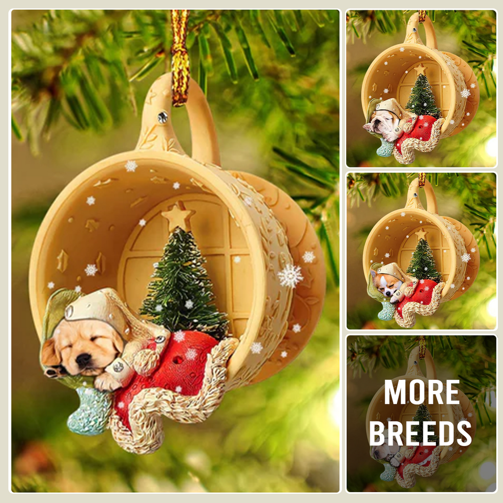 Dog Sleeping In A Tiny Cup Christmas Holiday Ornament